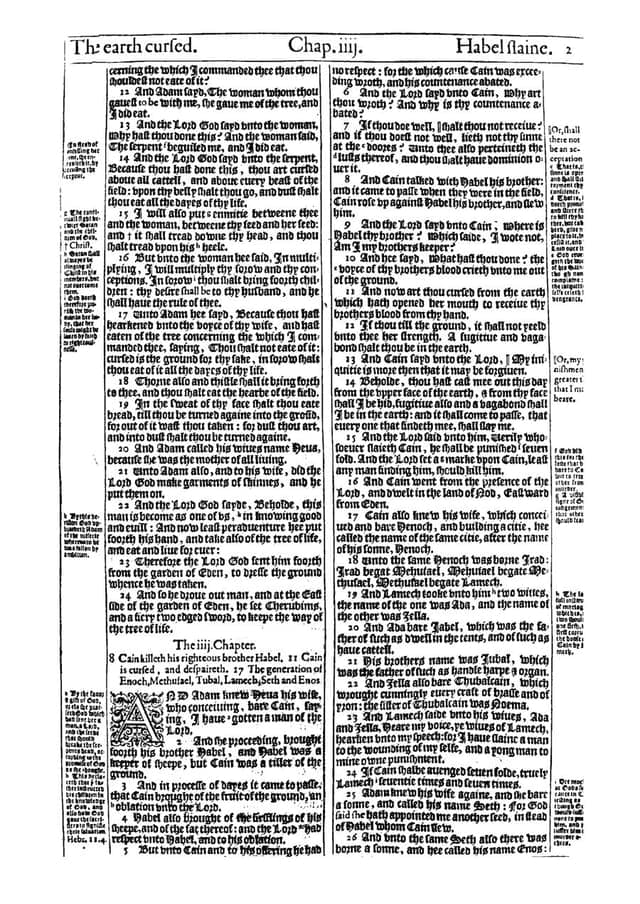 A page of the Bishops' Bible: Genesis 3–4 in black-letter type, two columns, numbered verses, with notes in the margins.