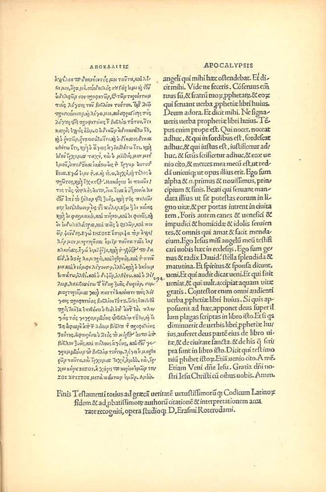 The last page of Erasmus's 1516 Greek New Testament — the end of Revelation, set with his Greek in one column and his own Latin translation beside it.