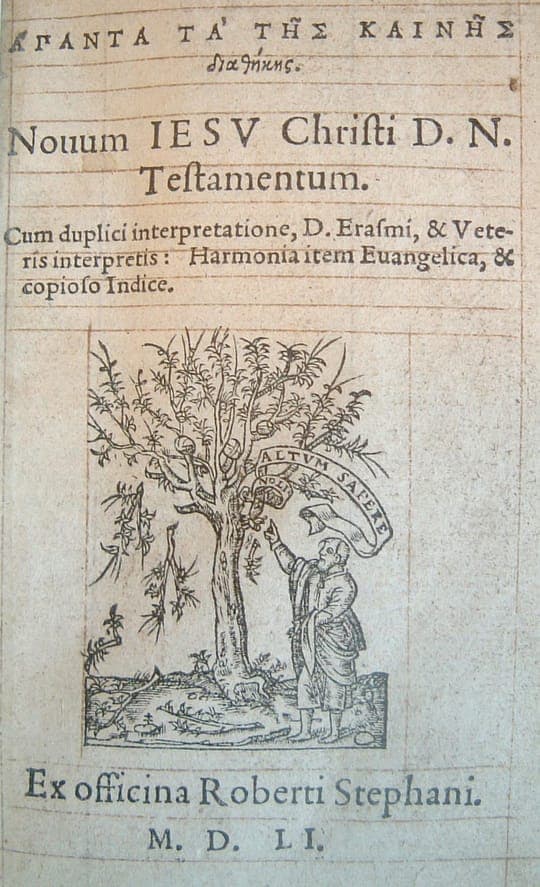 The title page of Robert Estienne's 1551 Greek and Latin New Testament, with his olive-tree printer's device.