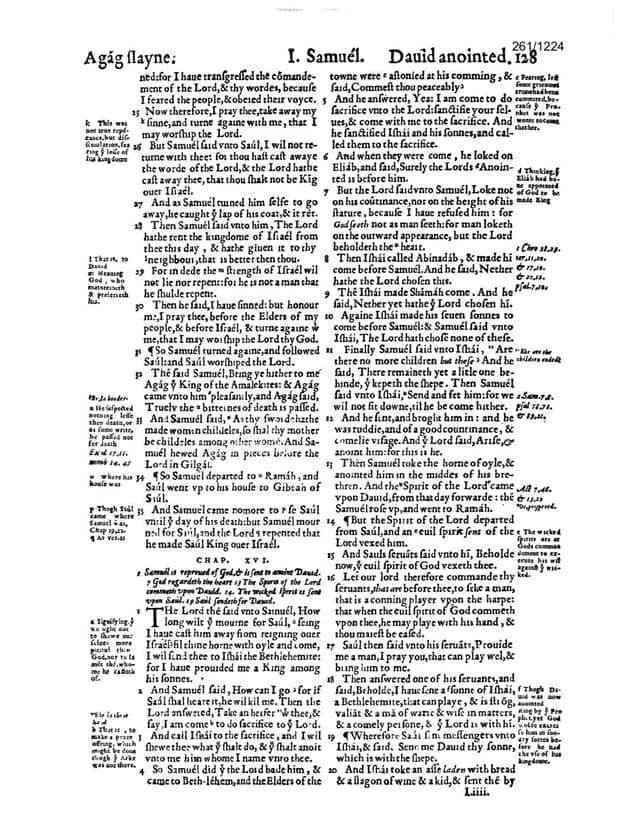 A page of the Geneva Bible in roman type — 1 Samuel, two columns of numbered verses hemmed in on both sides by dense explanatory notes.