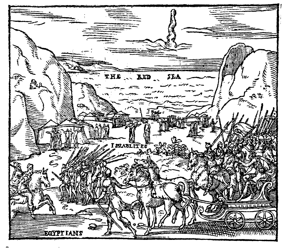 A woodcut of the Israelites camped at the shore of the Red Sea, a pillar of cloud rising from the water, Pharaoh's chariots and spearmen approaching from the right.