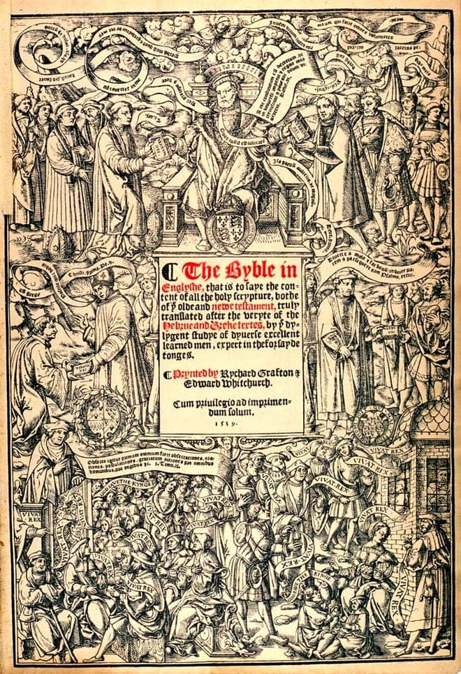 The 1539 Great Bible title page: Henry VIII enthroned at the top passing Bibles to bishops and nobles, ranks of grateful subjects below.