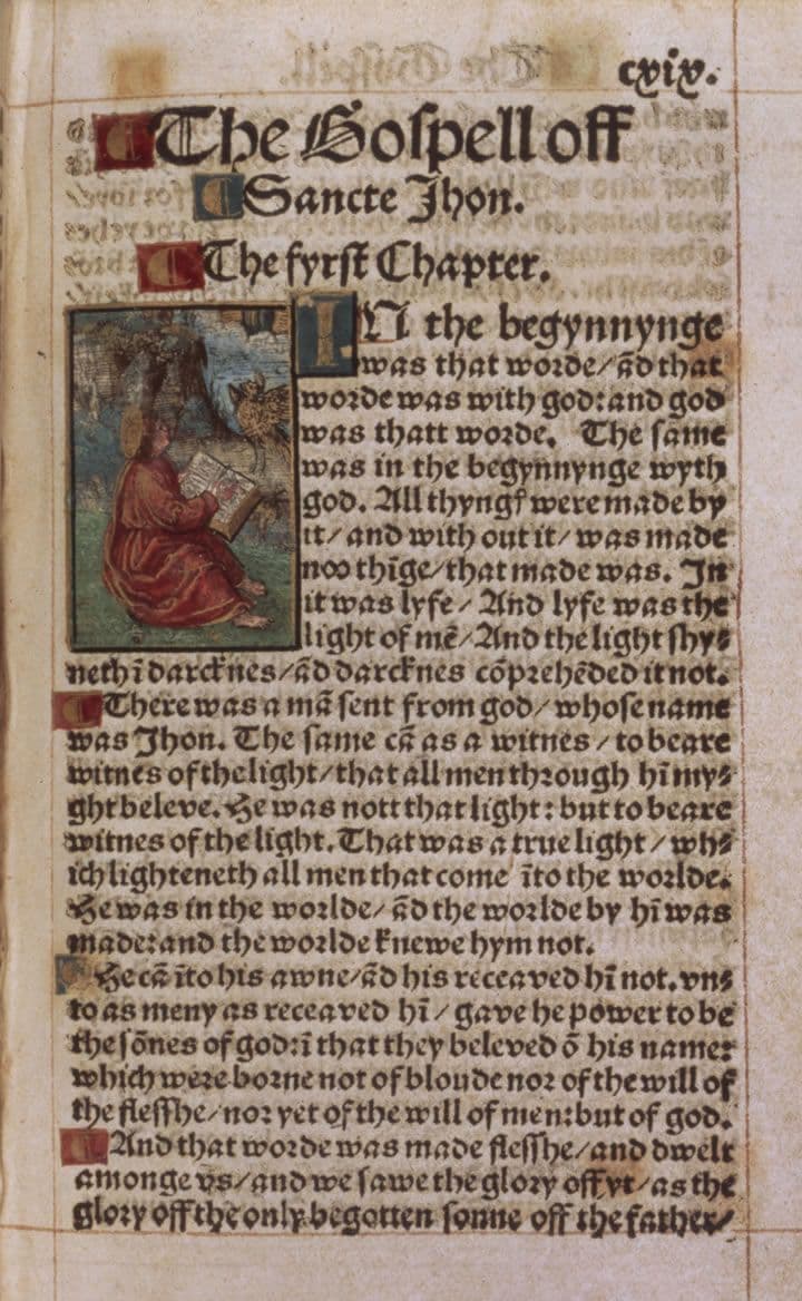 The opening of the Gospel of John in Tyndale's 1526 New Testament, printed in blackletter with a large decorated initial.