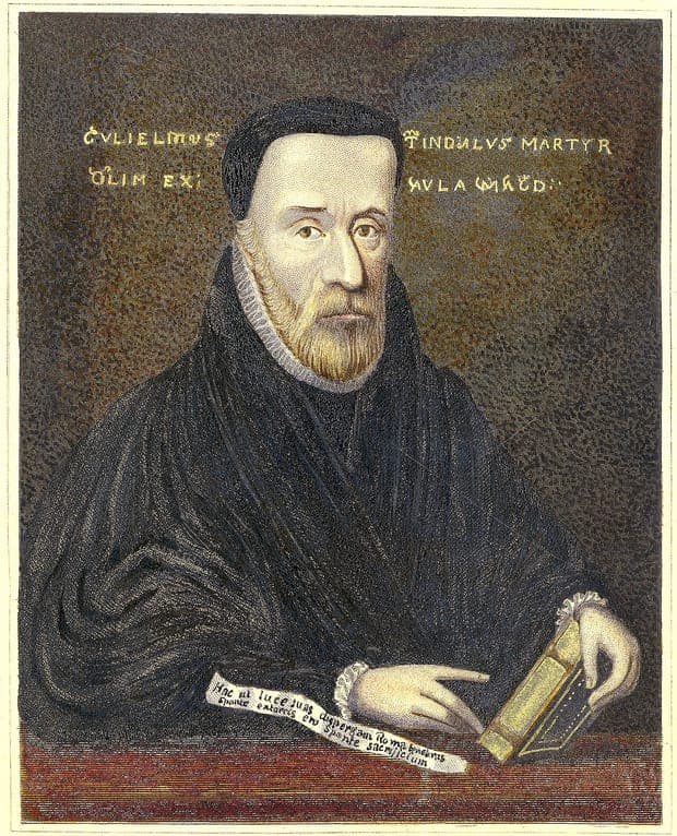 A half-length portrait engraving of William Tyndale: a bearded man in a dark fur-collared coat and cap, a book in one hand, a Latin inscription around his head naming him a martyr.